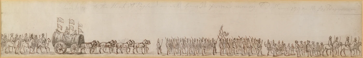 Prozession, die von der Royal Navy erbeutetes spanisches Geld zur Bank of England bringt, 1799 (Feder- und Tintenzeichnung)
